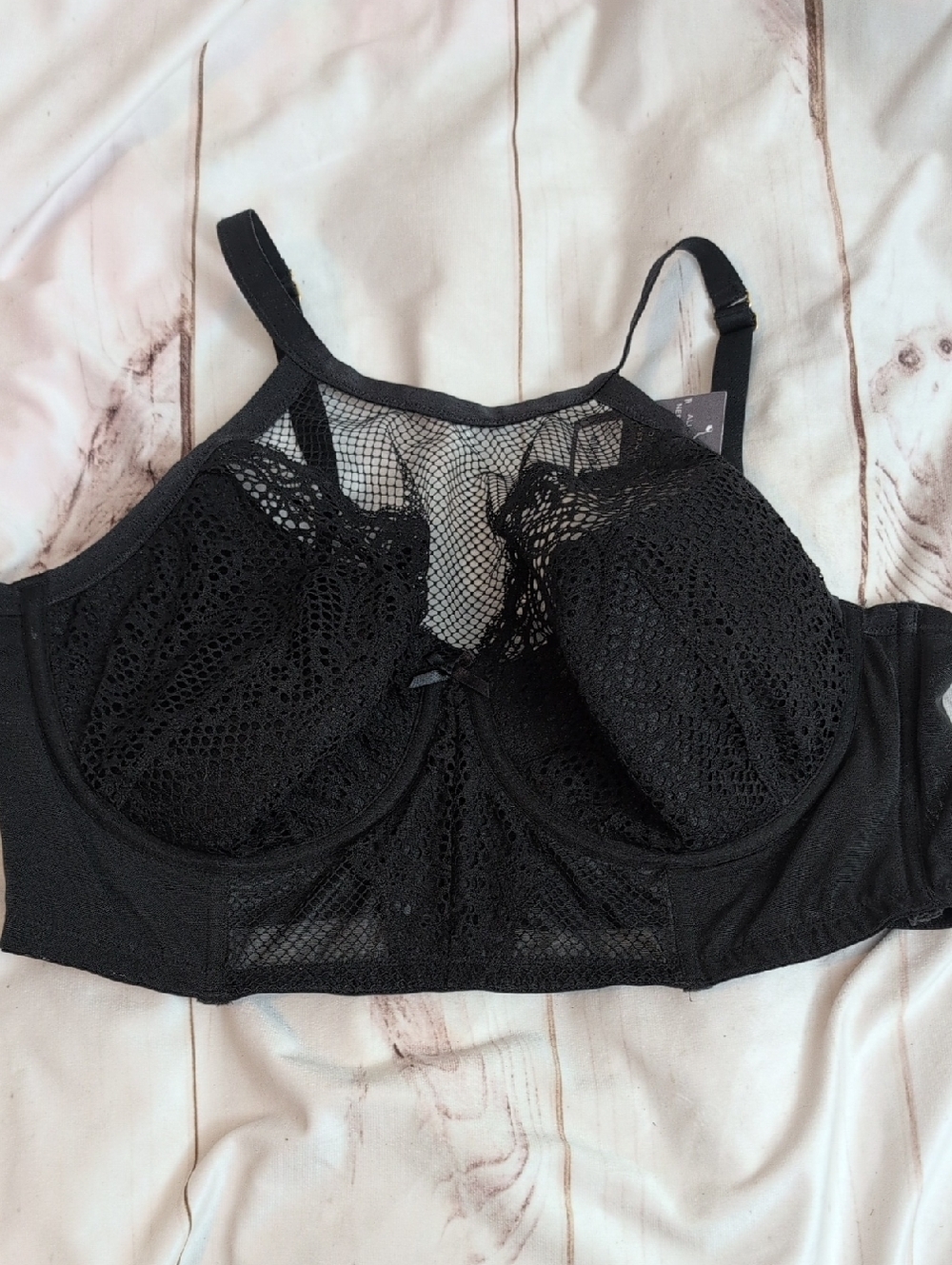 Cacique Black New Fishnet High-Neck Sexy French Balconette Bra size 44DD or 44E